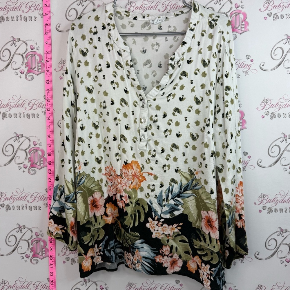 Tribal long sleeve White Henley Tunic with Green Spots and Peach Floral Border